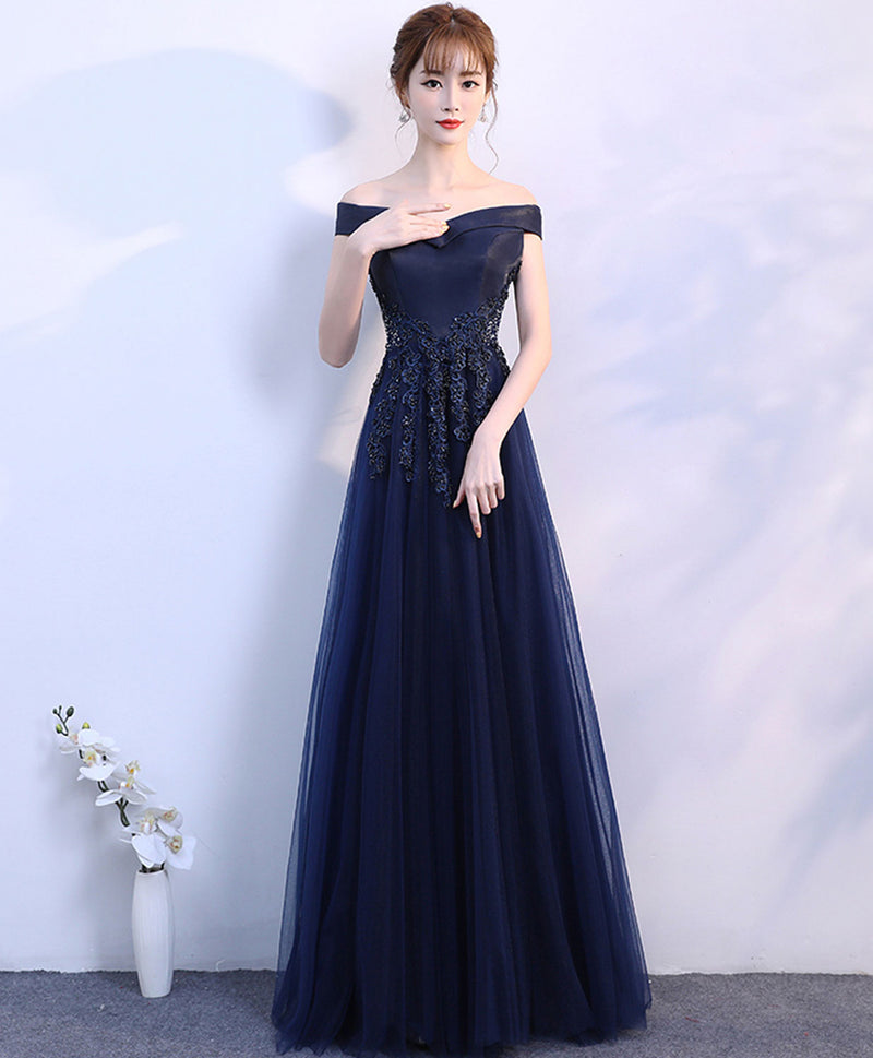 Dark Blue Off Shoulder Long Prom Dress, Blue Evening Dress – shopluu
