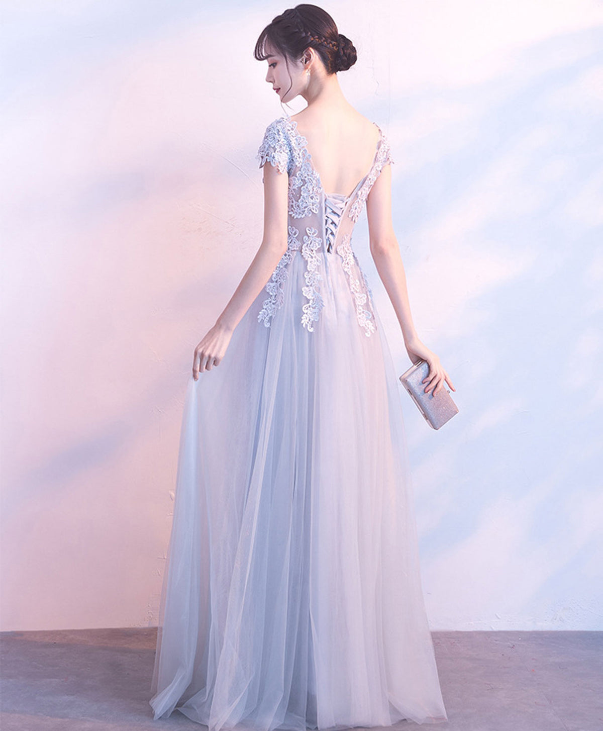 Gray V Neck Tulle Lace Long Prom Dress, Gray Evening Dress