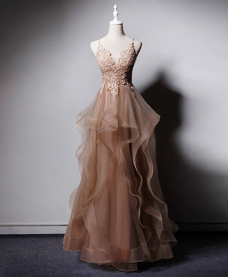 Champagne V Neck Tulle Lace Long Prom Dress, Champagne Graduation Dres shopluu Champagne V Neck Tulle Lace Long Prom Dress, Champagne Graduation Dres shopluu