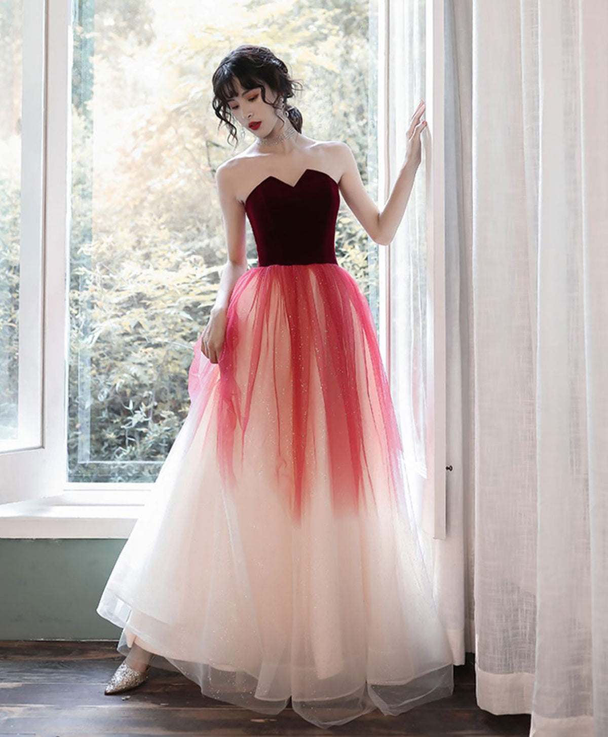 A-Line A Line Burgundy Long Prom Dress, Burgundy Long Evening Dress