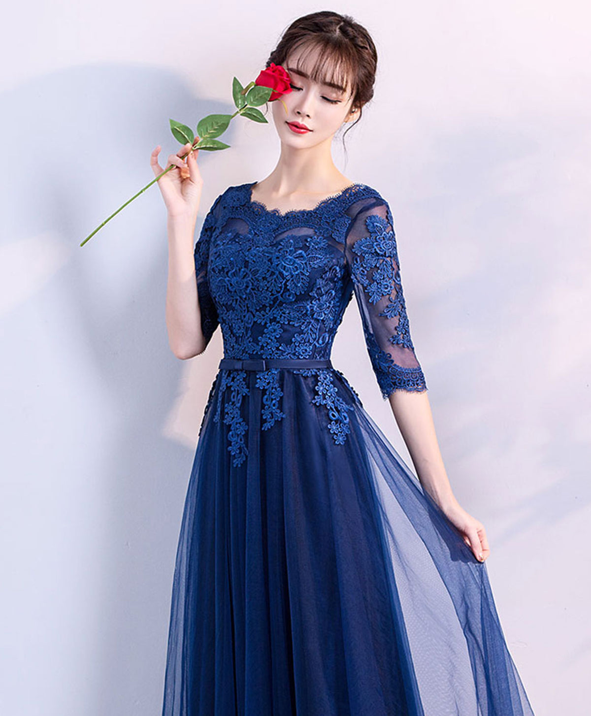 Blue Tulle Lace Long Prom Dress, Lace Evening Dress