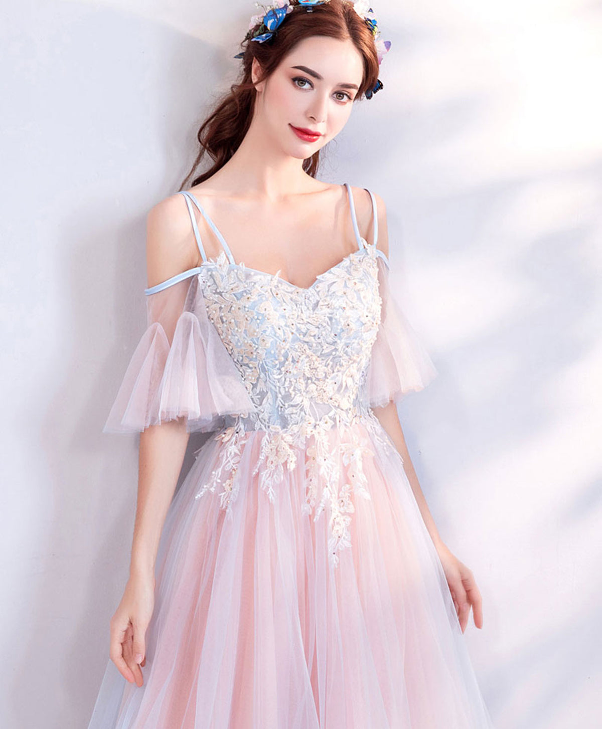 A-Line Pink Tulle Lace Applique Long Prom Dress, Pink Formal Party Dresses