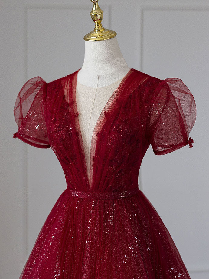 Burgundy Tulle Sequins Tea Length Prom Dress, A-Line Evening Dress US 14 / Custom Color Burgundy Tulle Sequins Tea Length Prom Dress, A-Line Evening Dress US 14 / Custom Color