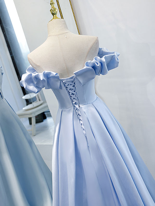 Blue A-line Off Shoulder Long Prom Dress, Blue Evening Dress