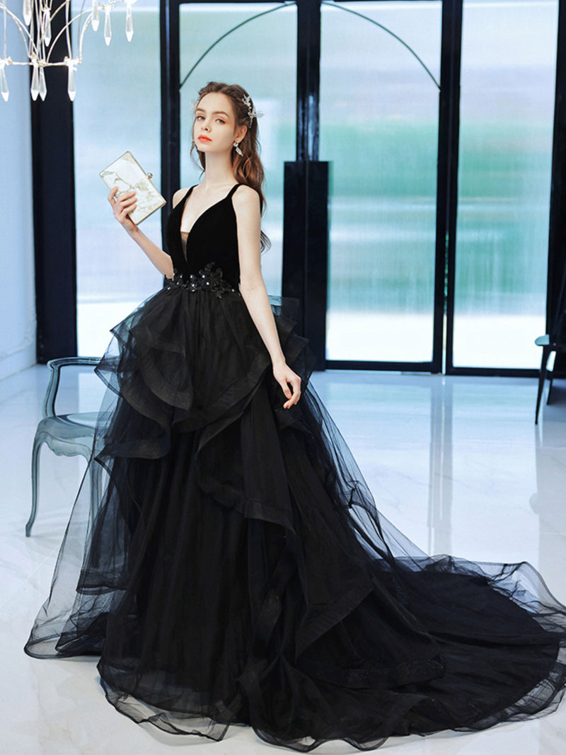 Long Prom Black Ruffle Formal Dress Black V Neck Tulle Long