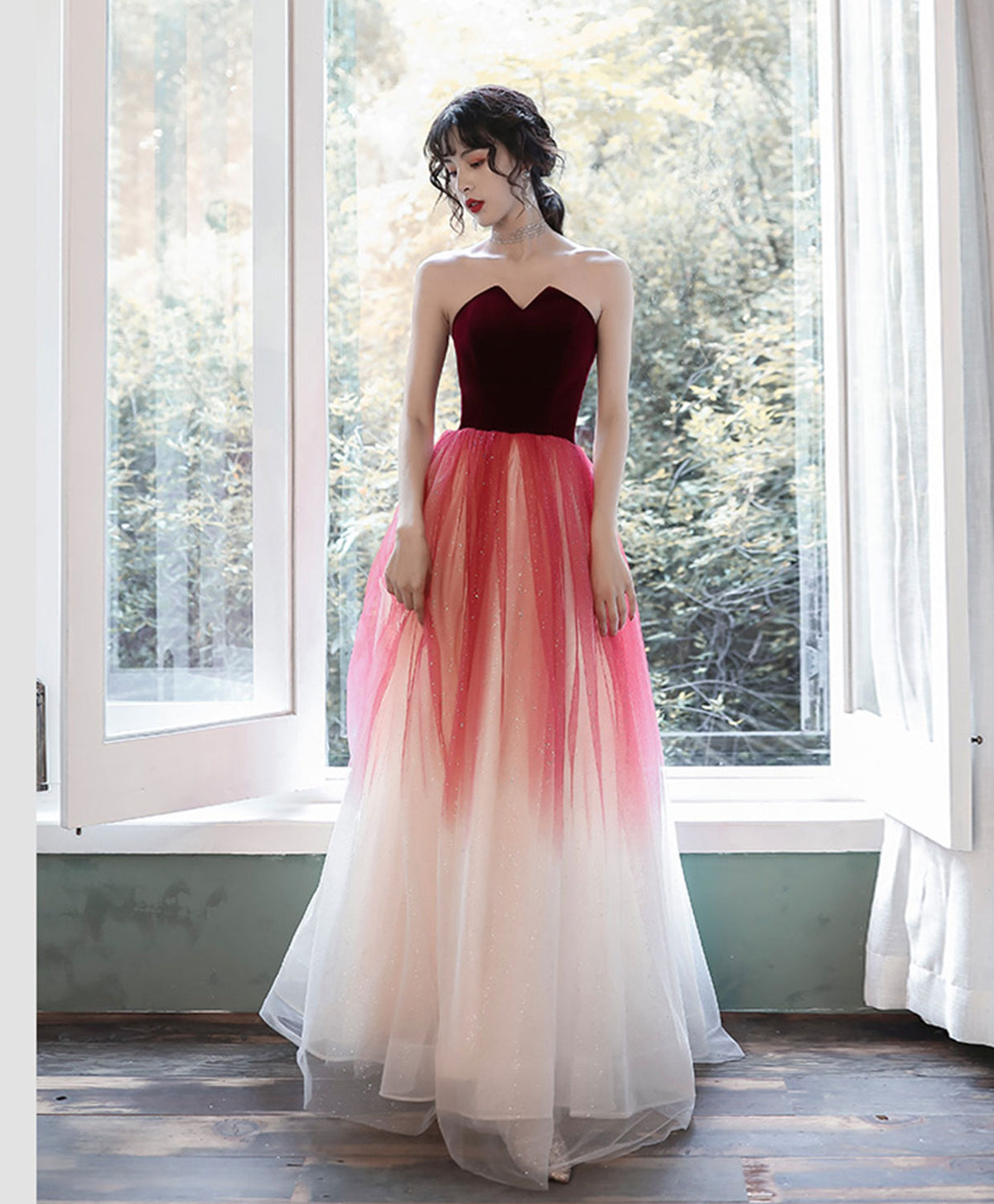 A-Line A Line Burgundy Long Prom Dress, Burgundy Long Evening Dress