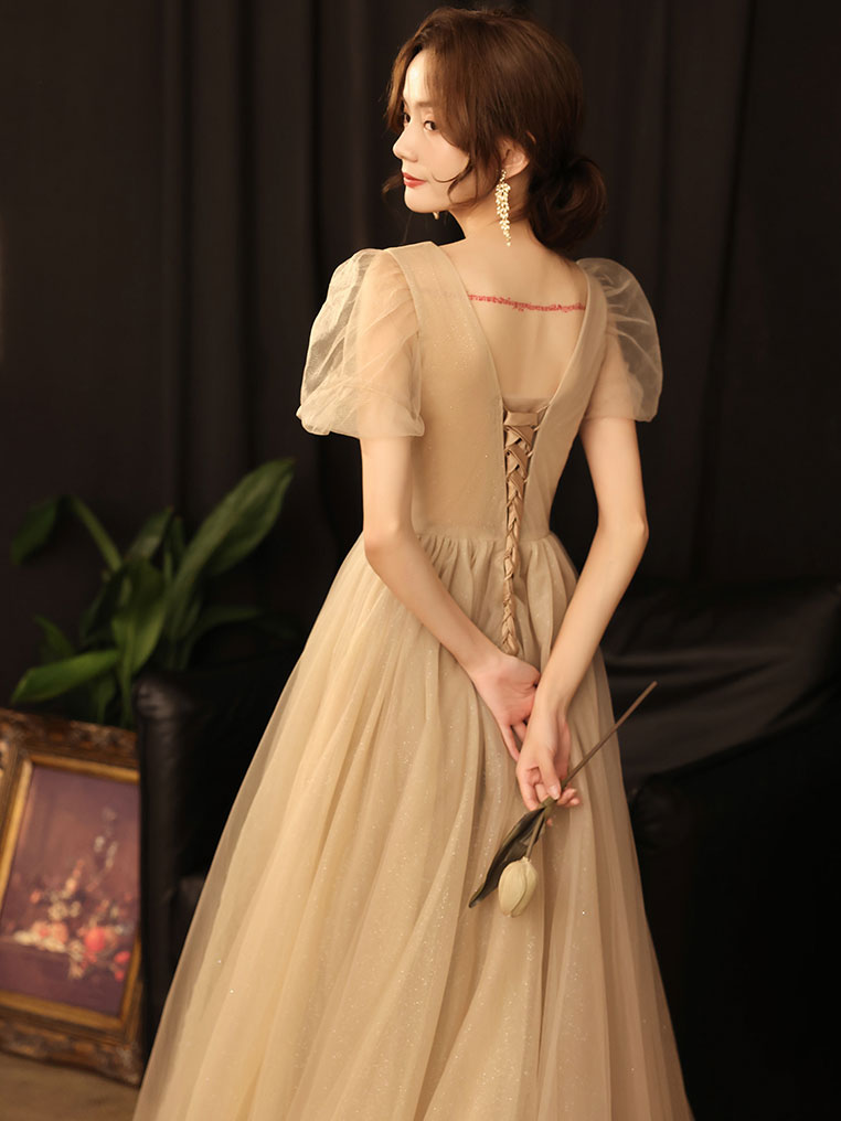 Simple A line Champagne Long Prom Dress, Champagne Bridesmaid Dress