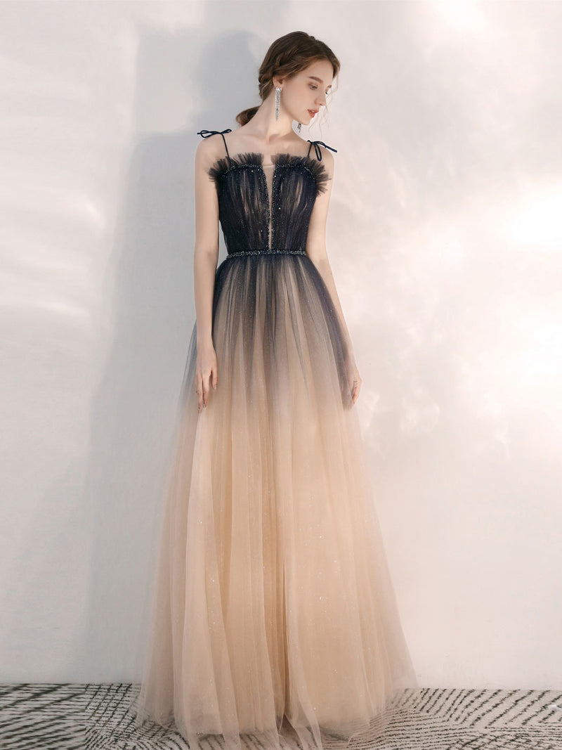Champagne A line Tulle Sequin Long Prom Dress, Champagne Evening Dress – shopluu