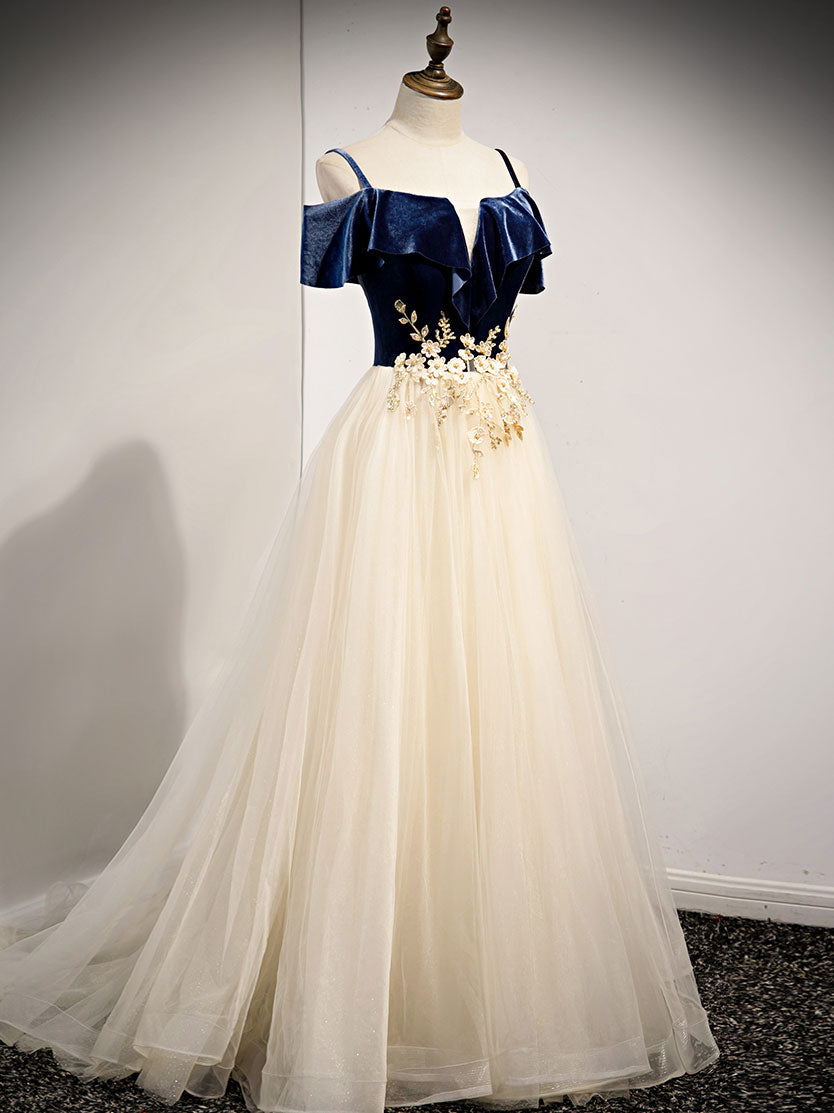 Champagne Tulle Lace Long Prom Dress, Champagne Evening Dress