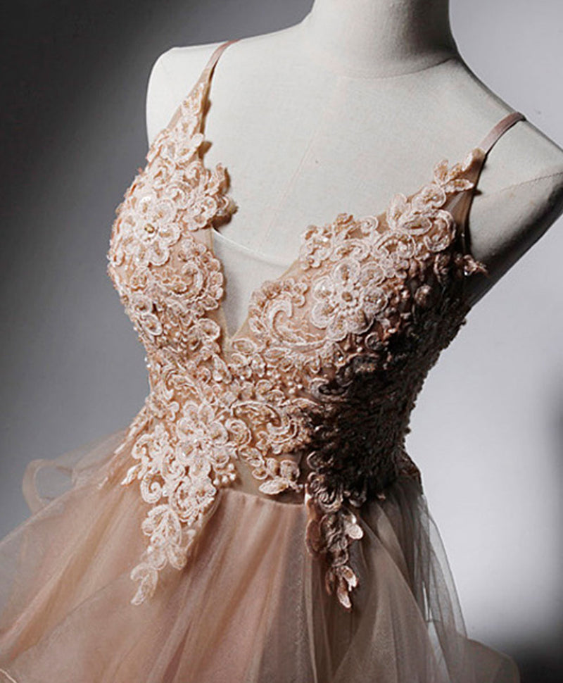 Champagne V Neck Tulle Lace Long Prom Dress, Champagne Graduation Dress US 10 / Champagne(As Picture) Champagne V Neck Tulle Lace Long Prom Dress, Champagne Graduation Dress US 10 / Champagne(As Picture)