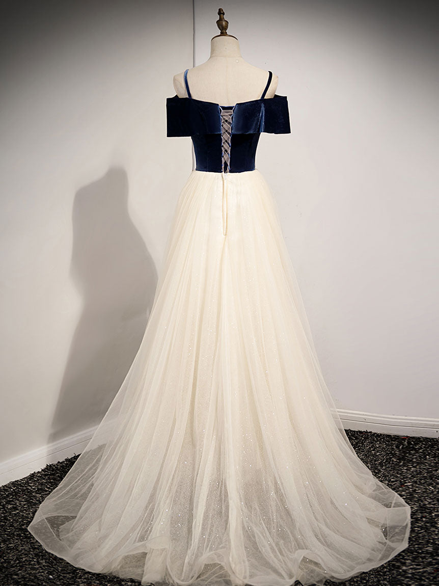 Champagne Tulle Lace Long Prom Dress, Champagne Evening Dress