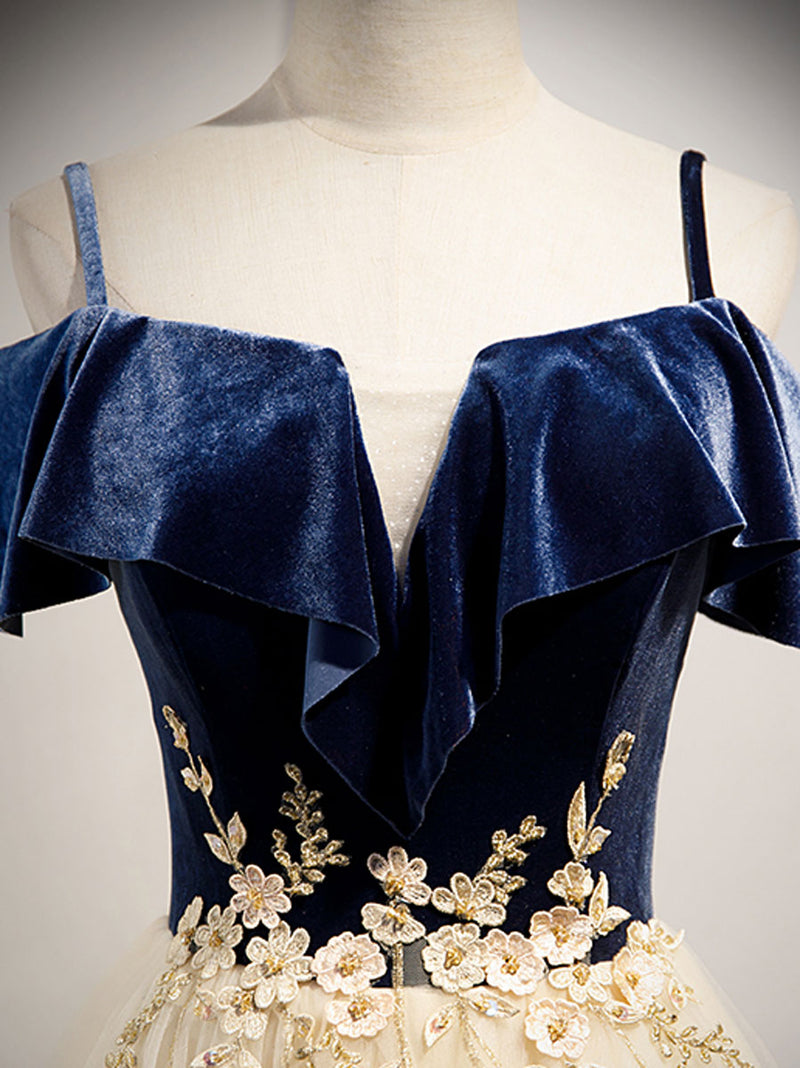 navy blue and champagne prom dress Dark Blue Wedding Dress Champagne Lace Ball Gown Prom Dress