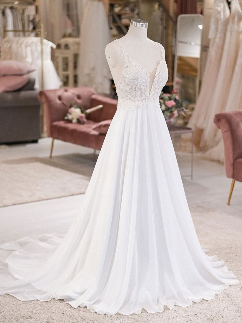 White V Neck Lace Chiffon Long Wedding Dress, Beach Wedding Dress shopluu White V Neck Lace Chiffon Long Wedding Dress, Beach Wedding Dress shopluu