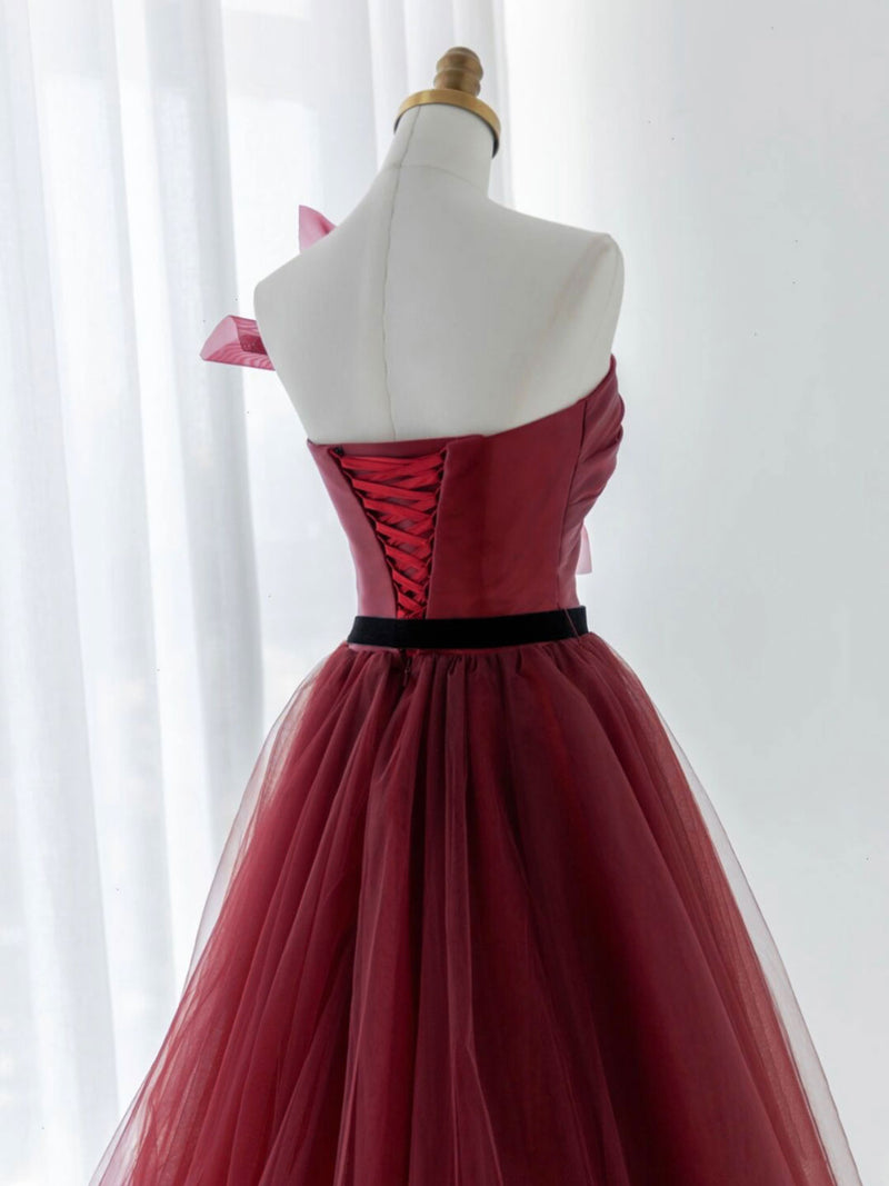 dark red tulle dress Lovely Tulle Beaded Floor Length Prom Dress, Beautiful Dark Red A-Line