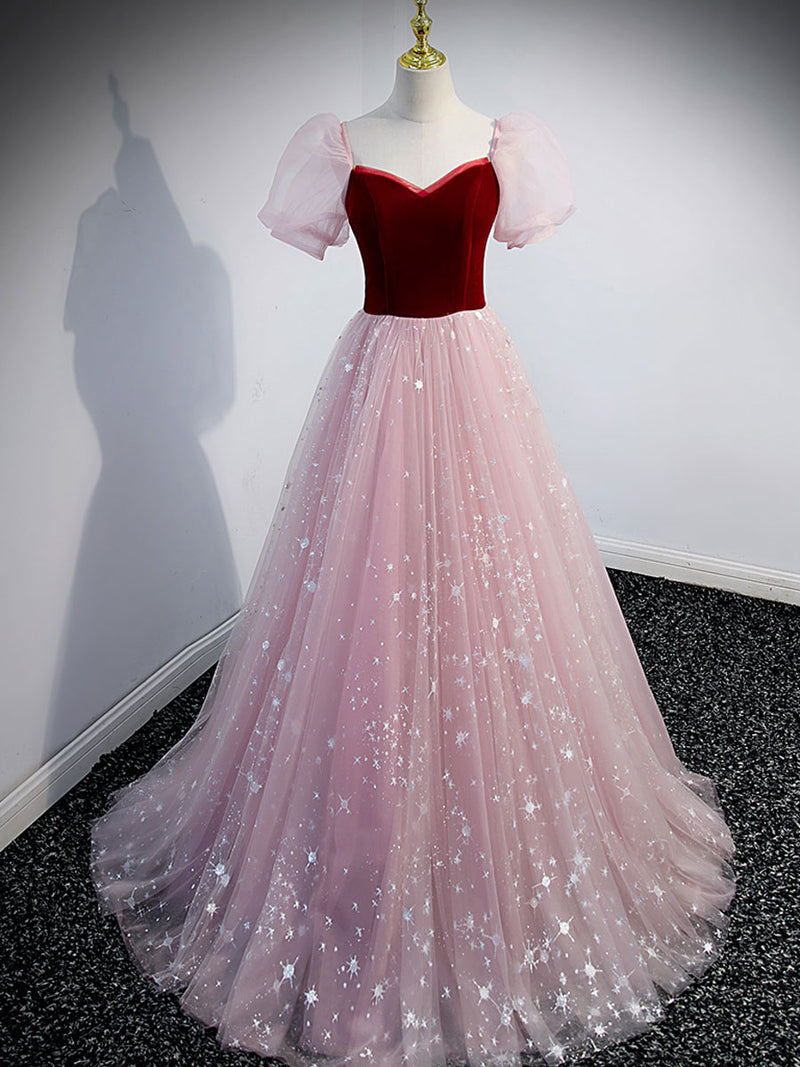 Pink A line Tulle Long Prom Dress, Pink Tulle Evening Graduation Dress – shopluu