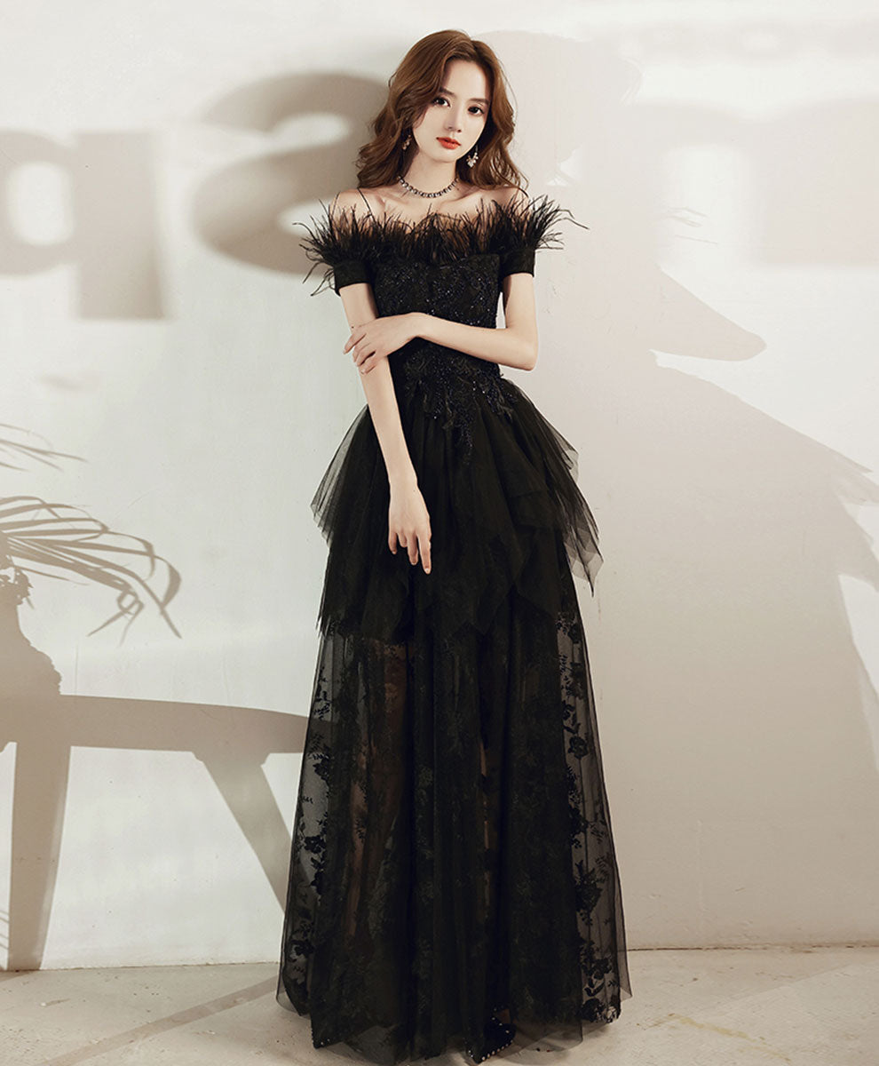 Black Tulle Lace Long Prom Dress, Black Formal Lace Evening Dress