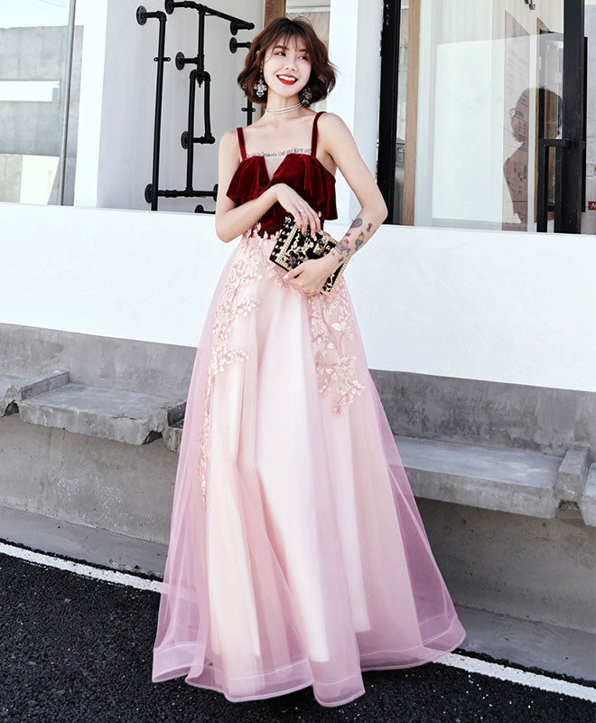 Pink Sweetheart Tulle Lace Long Prom Dress, Pink Evening Dress
