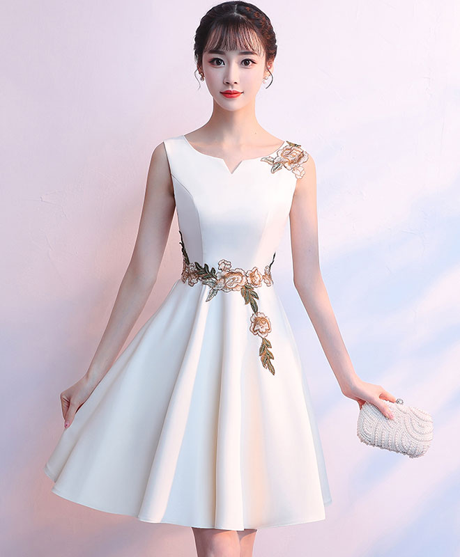 Simple Light Champagne Satin Applique Short Prom Dress, Cute Homecoming Dress