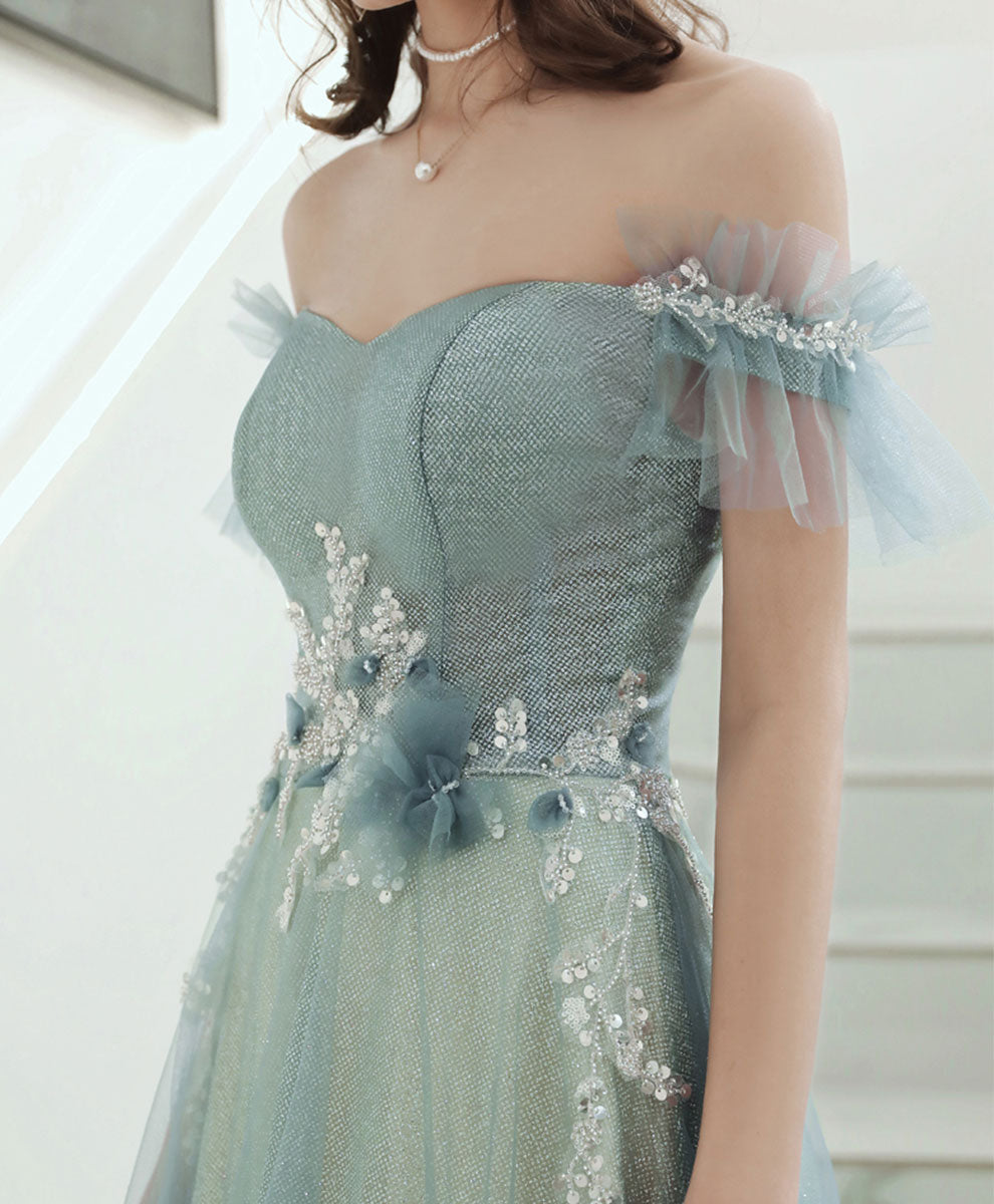 Green Aline Tulle Long Prom Dress, Green Formal Graduation Dress with Applique