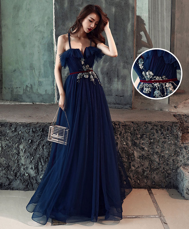 Dark Blue Tulle Long Prom Dress, Dark Blue Tulle Evening Dress