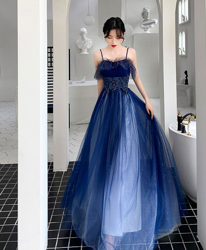 Blue Sweetheart Tulle Lace Long Prom Dress Blue Tulle Formal Dress