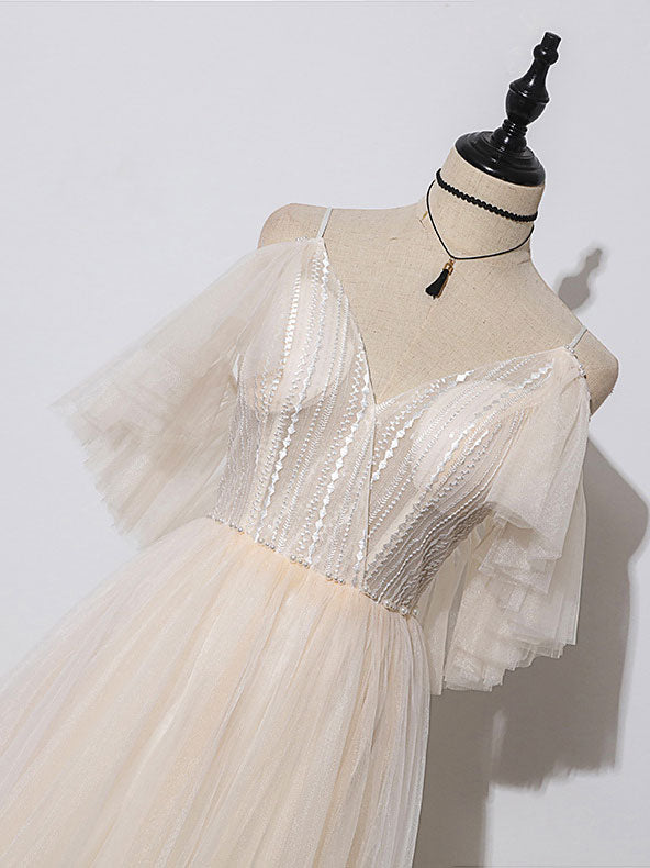 Champagne V Neck Tulle Long Prom Dress, Champagne Evening Dress