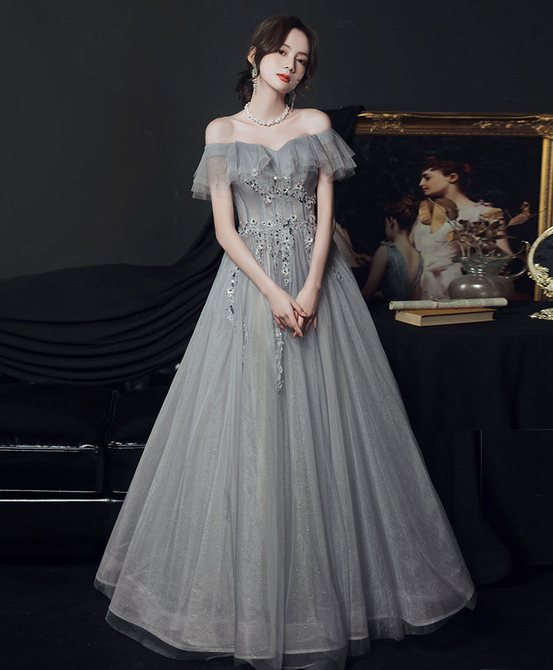 gray graduation dress A Line Gray Long Prom Dress, Gray Tulle Sequin Graduation Dresses