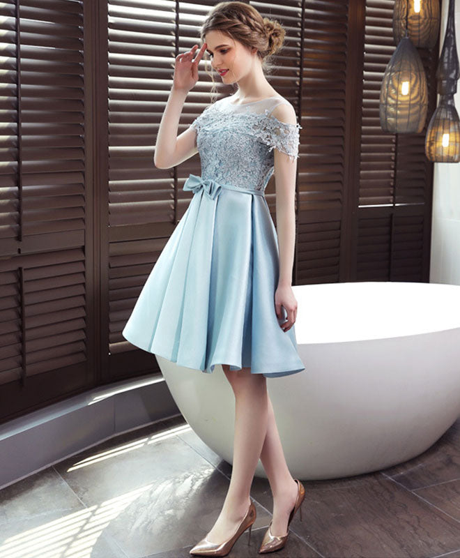 Satin Scoop Neck Lace Blue Short Prom Dresses, Blue Homecoming Dresses
