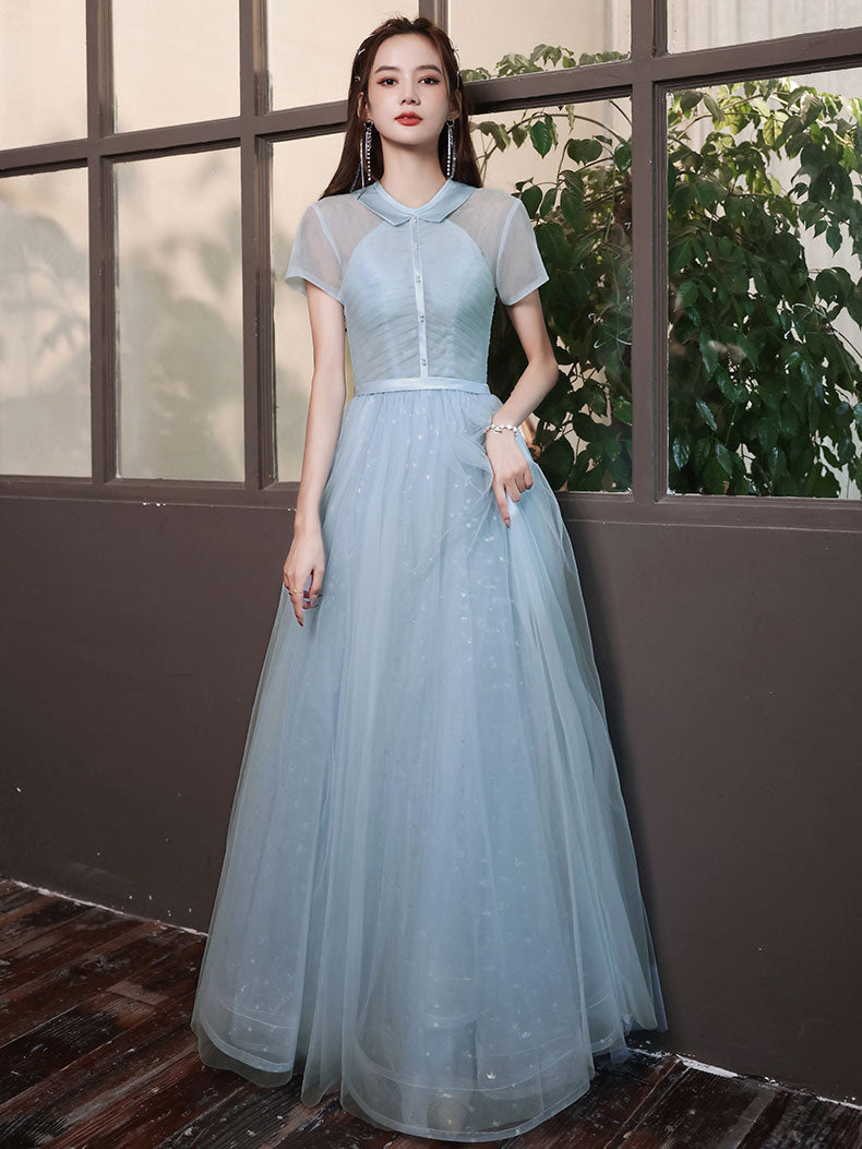 Blue A-line Tulle Long Prom Dress, Tulle Evening Dress