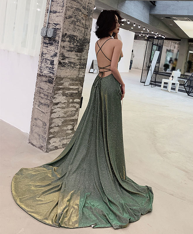 A-Line Backless Green Long Prom Dress, Green Long Evening Dress