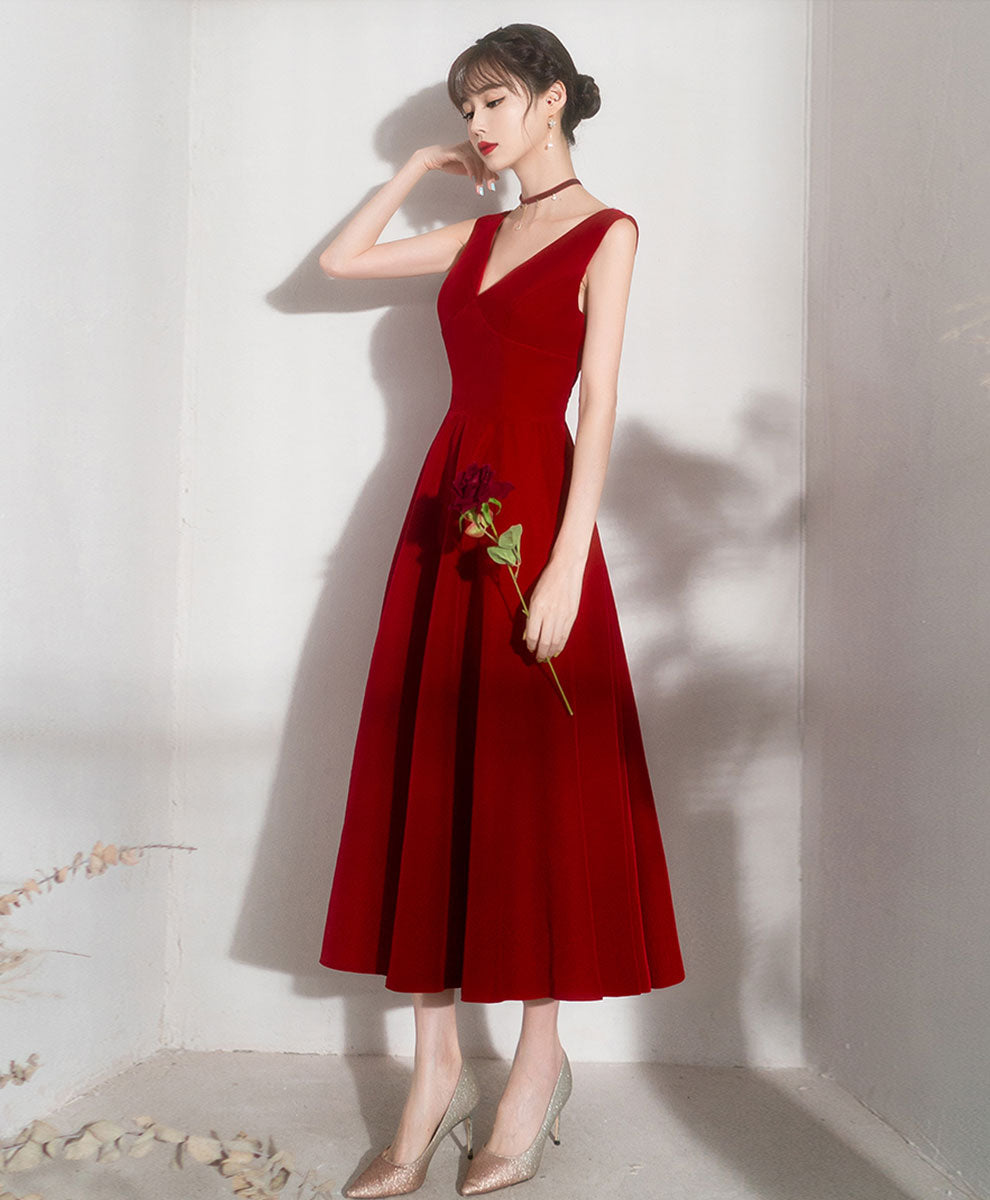 Burgundy V Neck Short Prom Dress, Burgundy Bridesmaid Dress