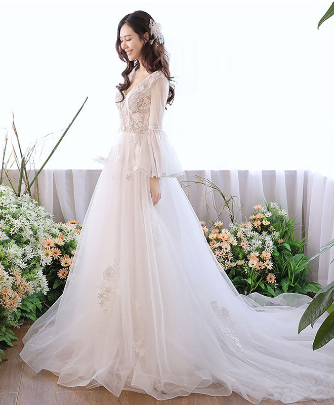 White V Neck Tulle Lace Long Prom Dress, White Evening Dress