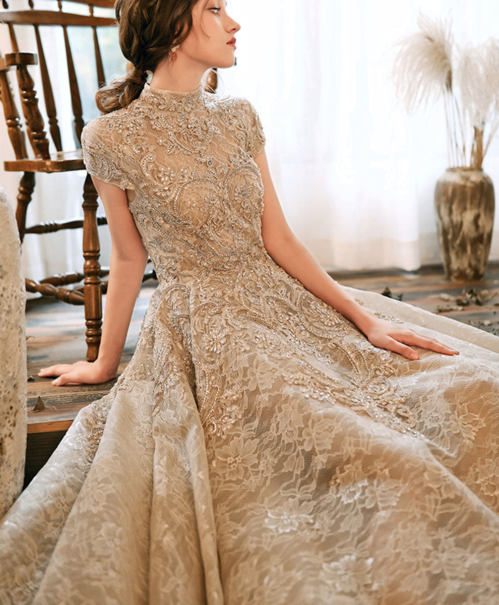 Champagne High Neck Lace Prom Dress, Champagne Lace Formal Dress