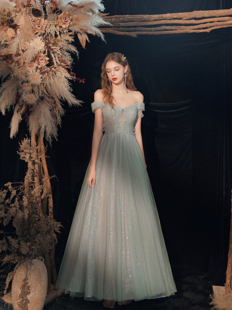 Gray Green Tulle Off Shoulder Sequin Long Prom Dress, Tulle Formal