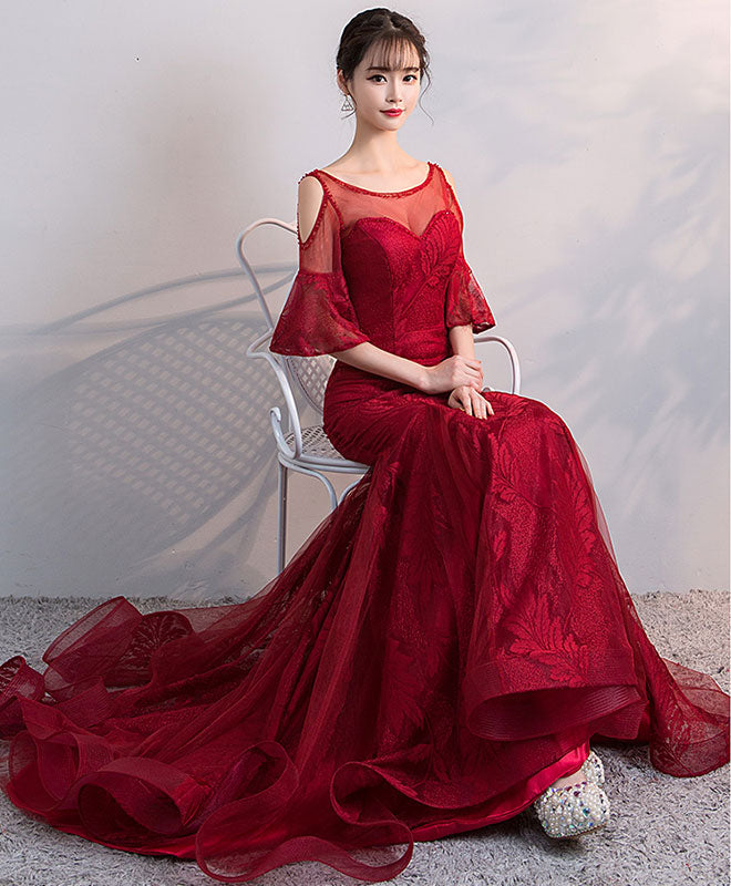 Burgundy Round Neck Tulle Lace Mermaid Long Prom Dress, Evening Dress – shopluu