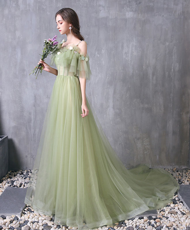 Green Tulle Lace Long Prom Dress Green Evening Dress