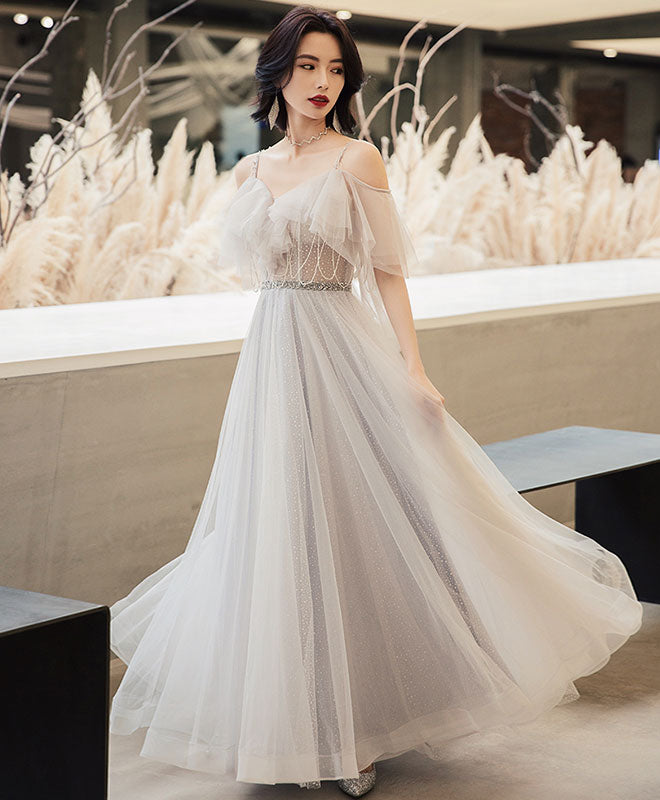 Elegant Off Shoulder Tulle Long Prom Dress, Tulle Evening Dress