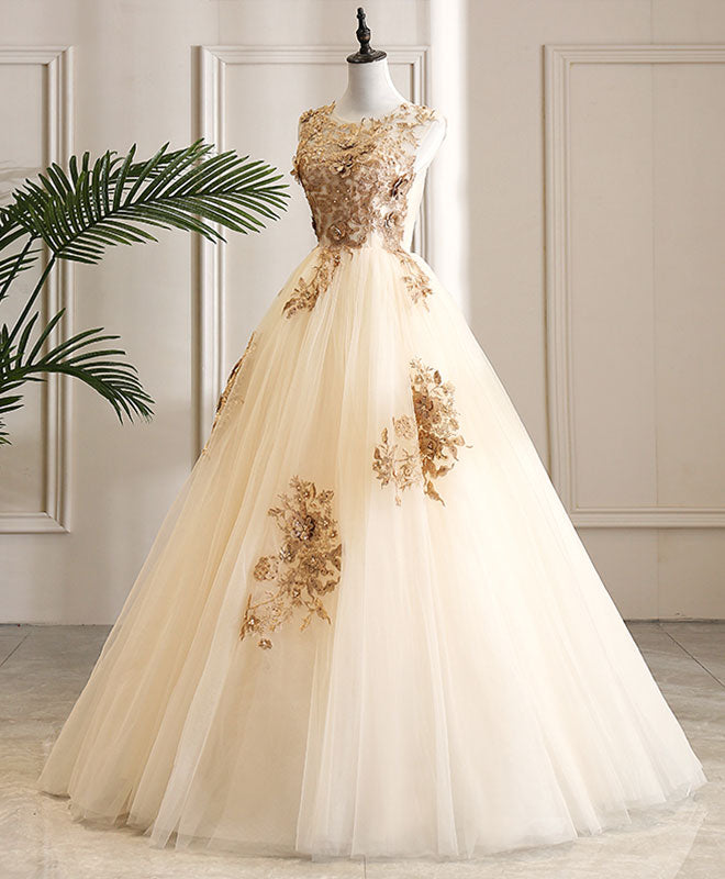 Champagne Tulle Lace Long Prom Dress Champagne Evening Dress