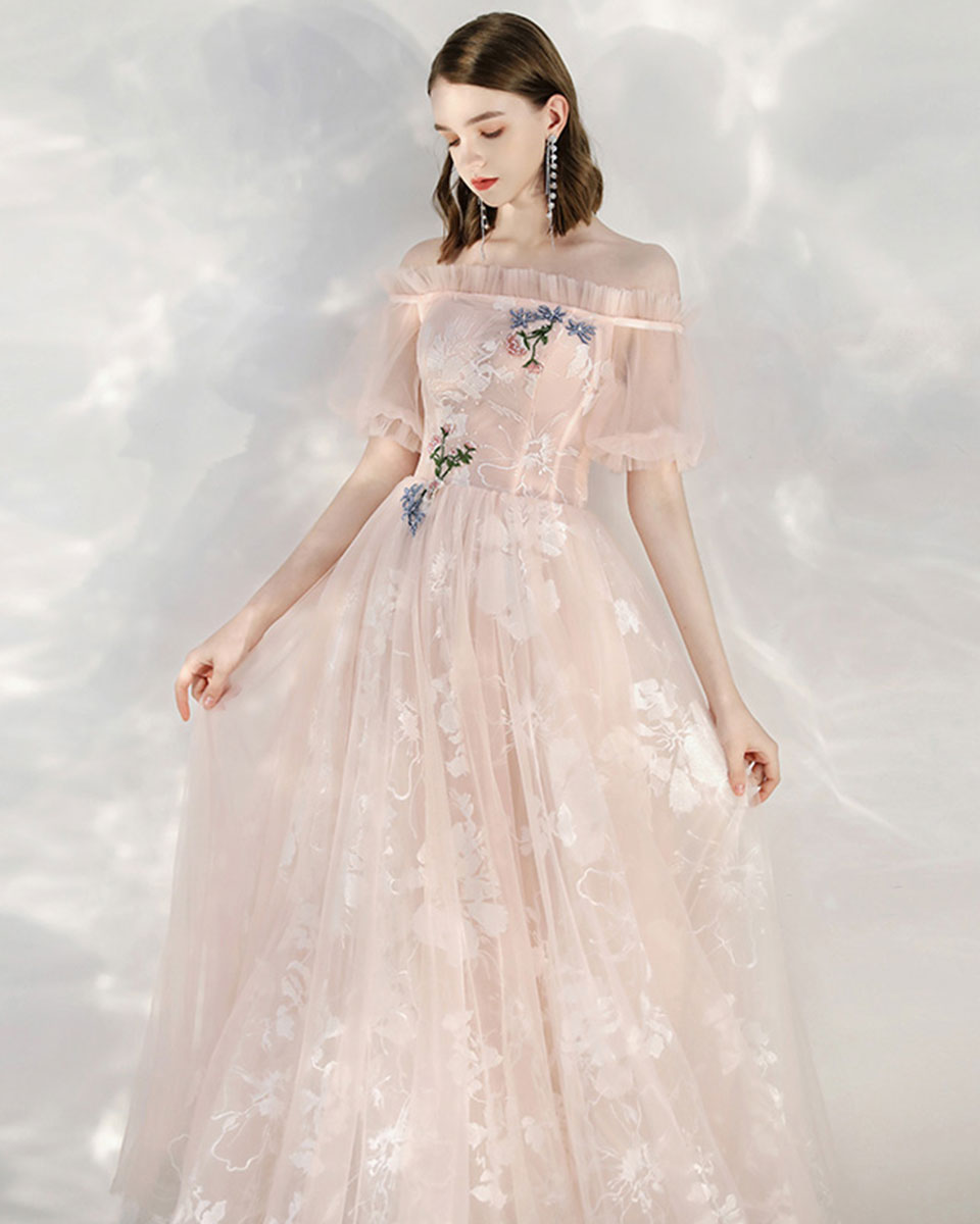 Pink Tulle Lace Off Shoulder Long Prom Dress Tulle Lace Evening Dress