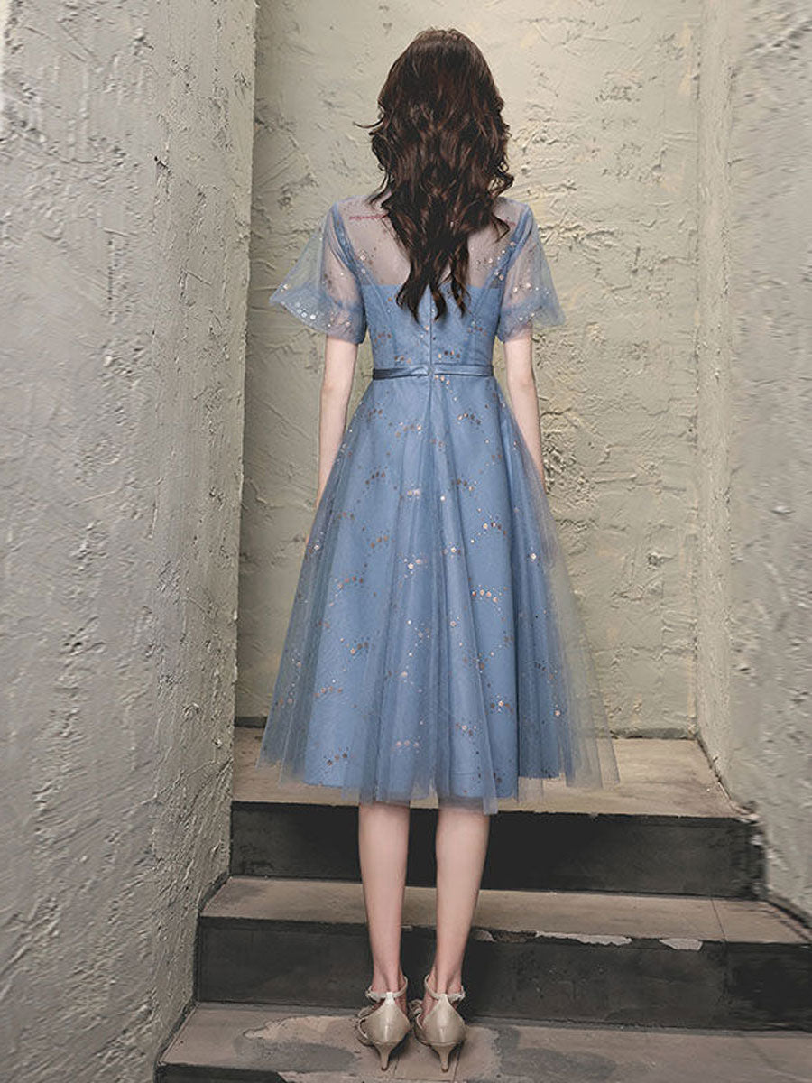 Blue Tulle Lace Short Prom Dress, Blue Tulle Puffy Homecoming Dress