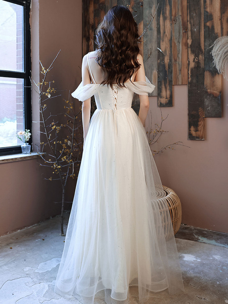 Simple White Off Shoulder Tulle Long Prom Dress, White Formal Dresses