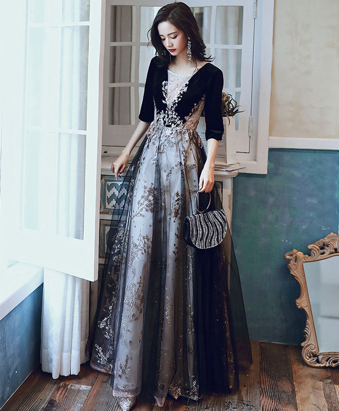 Black Round Neck Tulle Long Prom Dress Black Evening Dress