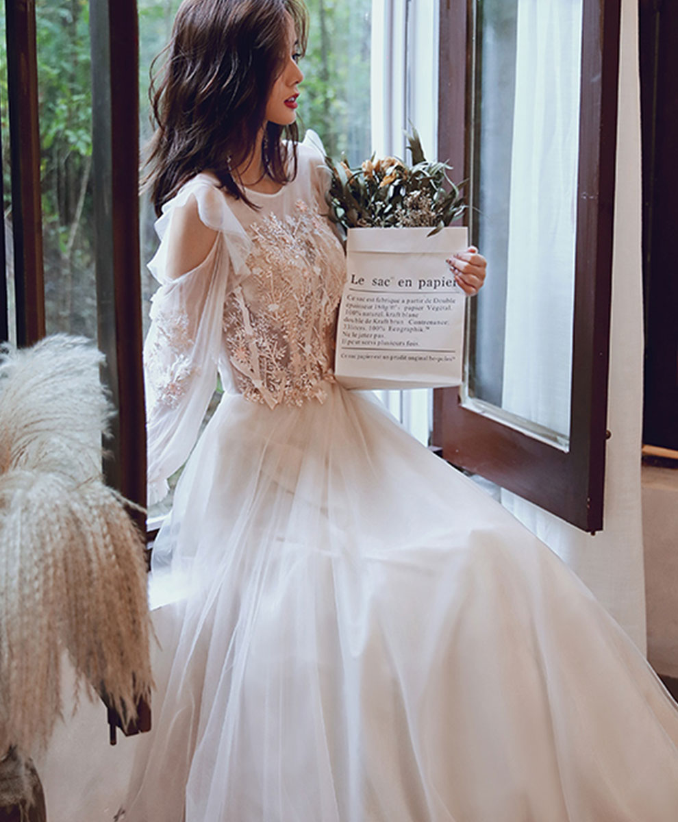 Light Champagne Long Prom Dress, Formal Evening Party Dress with Lace