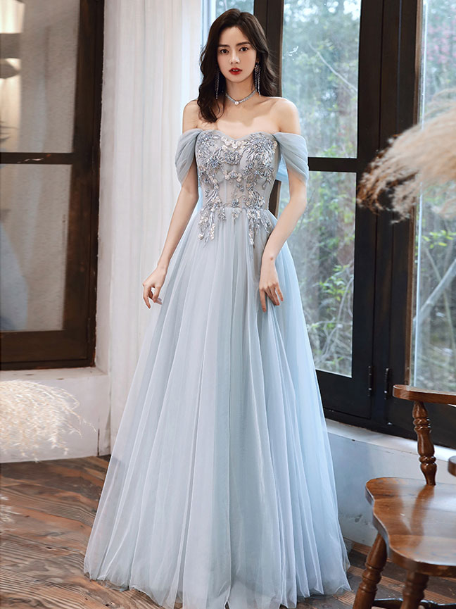 Blue Tulle Off Shoulder Tulle Lace Long Prom Dress, Blue Formal Dress US 10 / Custom Color Blue Tulle Off Shoulder Tulle Lace Long Prom Dress, Blue Formal Dress US 10 / Custom Color