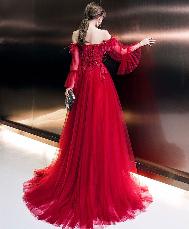 Burgundy Tulle Long Prom Dress, Burgundy Tulle Formal Dress – shopluu