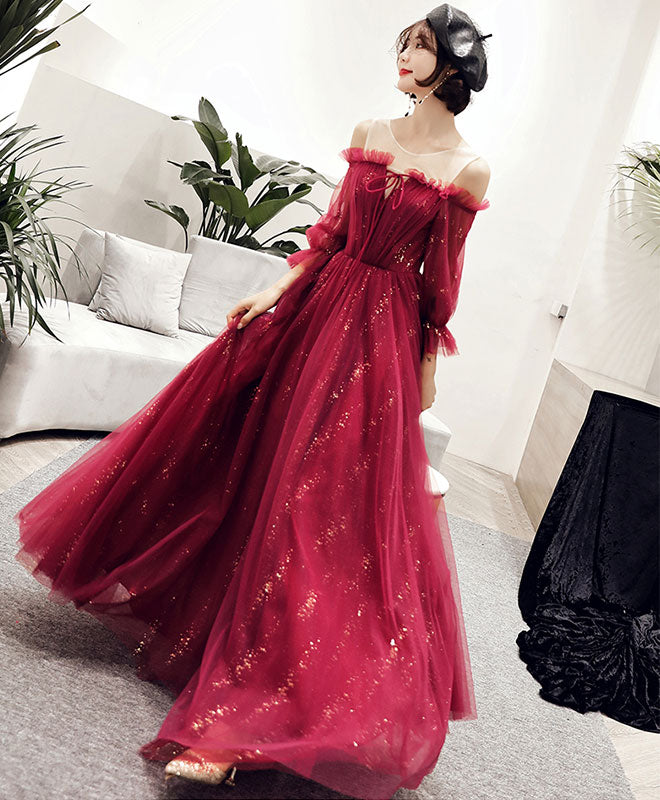 sammensmeltning Mutton Bærecirkel Dark Red Tulle Lace Long Prom Dress, Dark Red Evening Dress – shopluu