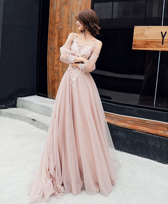 Champagne Tulle Lace Long Prom Dress, Champagne Evening Dress