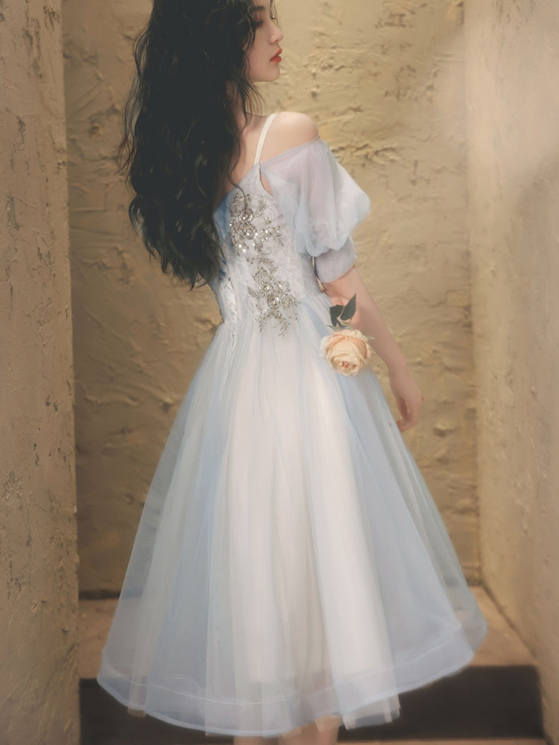 Blue A-line Tulle Lace Short Prom Dress, Blue Homecoming Dress