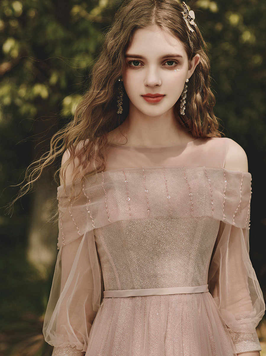 Pink Tulle Tea Length Prom Dress, Pink Tulle Formal Dress
