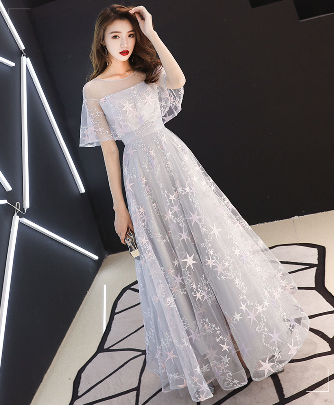 Gray Tulle Lace Long Prom Dress Gray Tulle Formal Dress